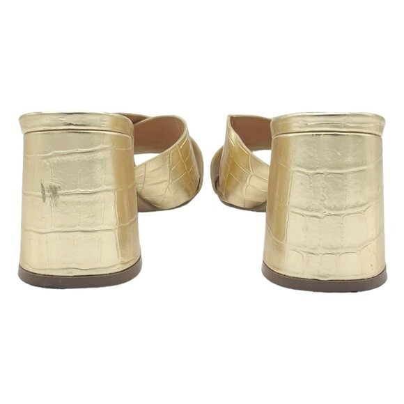 Lulus Ybarra Metallic Gold Croc-Embossed Block Heel Leather Sandals Size 7.5 - Picture 9 of 16